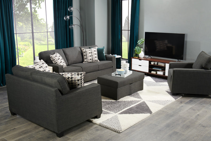 Causeuse Sawyer de 57 po fabriquée au Canada en tissu d’apparence lin avec coussins réversibles et coussins décoratifs - gris anthracite