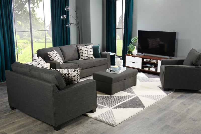 Sofa Sawyer de 83 po fabriqué au Canada en tissu d’apparence lin avec coussins réversibles et coussins décoratifs - gris anthracite