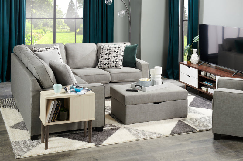Sofa sectionnel Sawyer 2 pièces fabriqué au Canada en tissu d’apparence lin avec coussins réversibles - gris clair