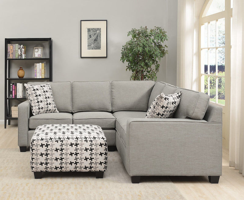 Sofa sectionnel Sawyer 2 pièces fabriqué au Canada en tissu d’apparence lin avec coussins réversibles - gris clair