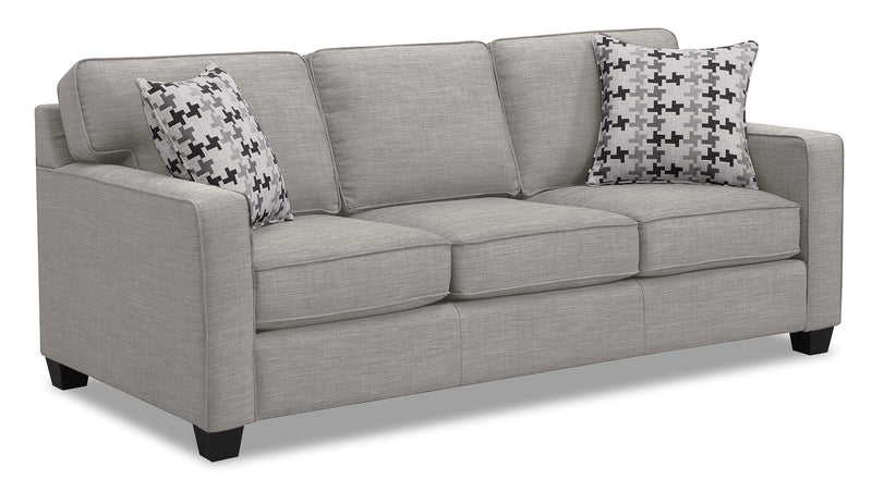 Sofa Sawyer de 83 po fabriqué au Canada en tissu d’apparence lin avec coussins réversibles et coussins décoratifs - gris clair