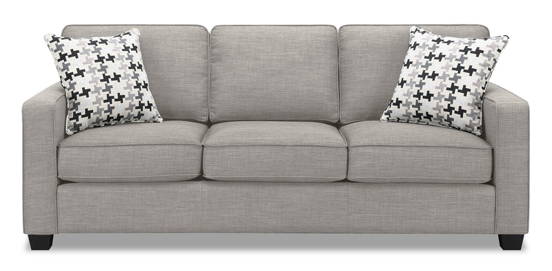 Sofa Sawyer de 83 po fabriqué au Canada en tissu d’apparence lin avec coussins réversibles et coussins décoratifs - gris clair