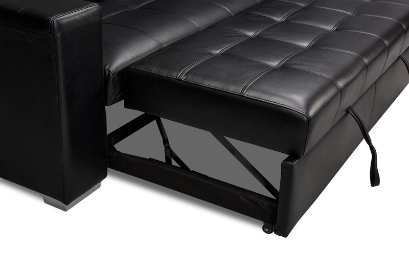 Sofa-lit Drake de 87 po en tissu d’apparence cuir avec lit rétractable, appuie-têtes relevables et capitonnage à boutons - noir