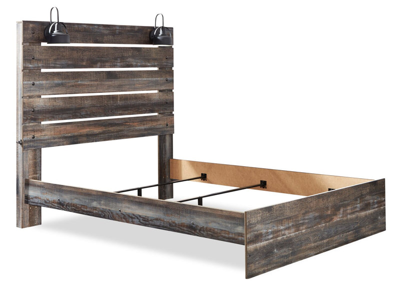 Lit à panneau Abby avec tête de lit, cadre de lit, éclairage à DEL et port USB, brun - format grand lit