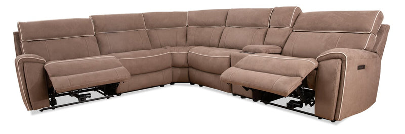Sofa sectionnel à inclinaison électrique Newport de Cindy Crawford Home 6 pièces en suédine avec console de rangement et port USB - taupe