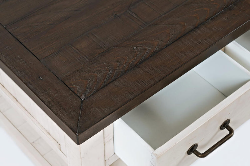 Table à café rustique Morgan de 48 po avec rangement, tablette et roulettes - blanche avec bois recyclé