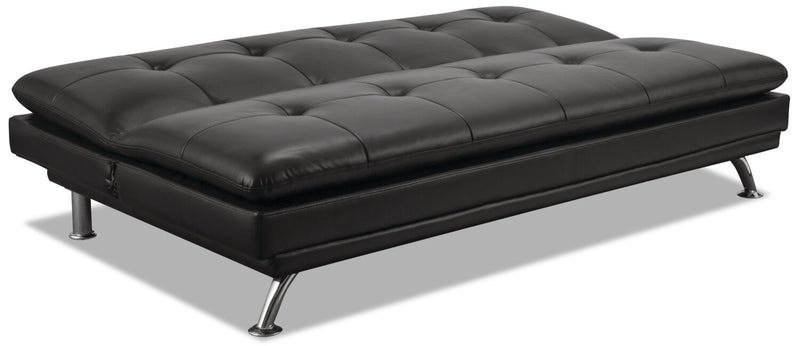 Futon June de 73,2 po en tissu d’apparence cuir avec mécanisme Klik Klak, pattes en métal et capitonnage - noir