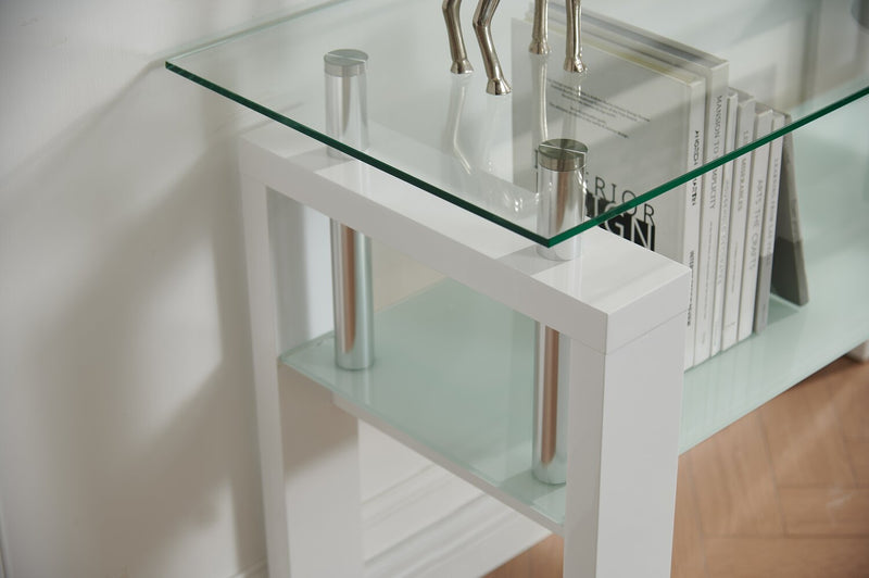 Table de salon moderne Harvy de 50 po avec dessus en verre et tablette - blanche 