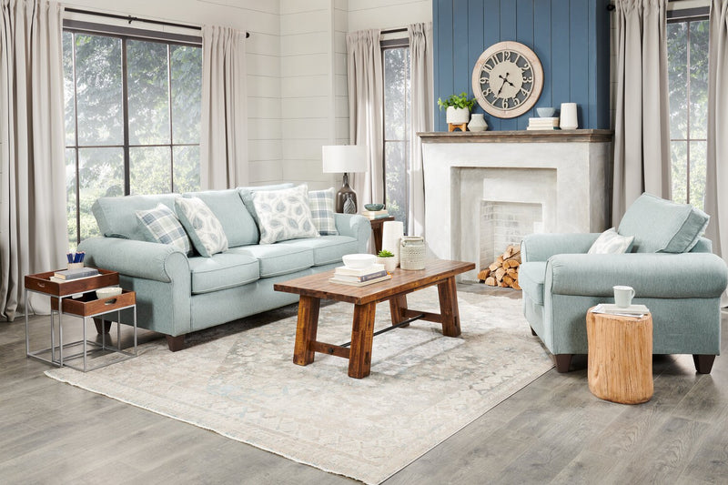 Sofa Scarlett de 87 po fabriqué au Canada en tissu de chenille avec accoudoirs enroulés et coussins décoratifs - bleu marine