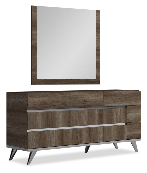 Ensemble de chambre à coucher Gino 5 pièces avec lit à panneaux, commode et miroir - fabriqué en Italie, moderne, brun - format très grand lit