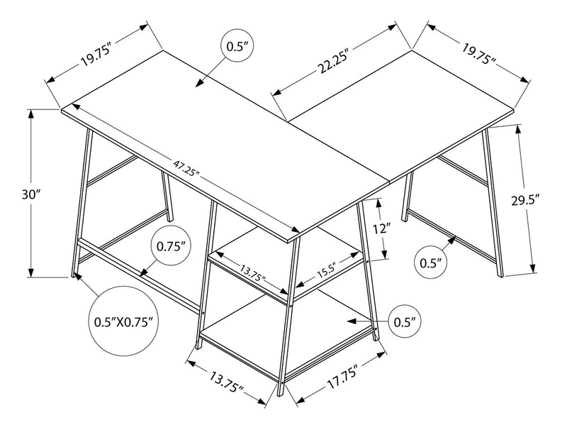 Bureau en forme de L Evlin de 42 po à tablettes - apparence marbre blanc