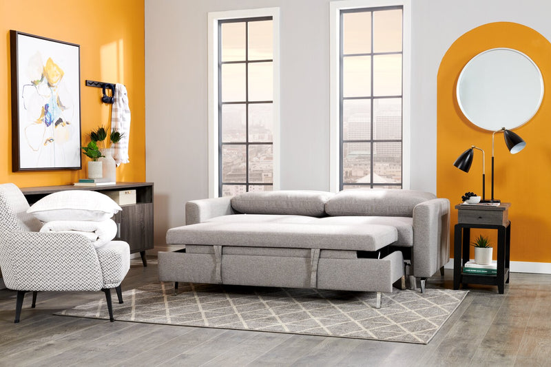 Sofa-lit Wilson de 77,5 po en tissu d’apparence lin avec coussins de dossier rabattables et pattes en métal - gris Solis 