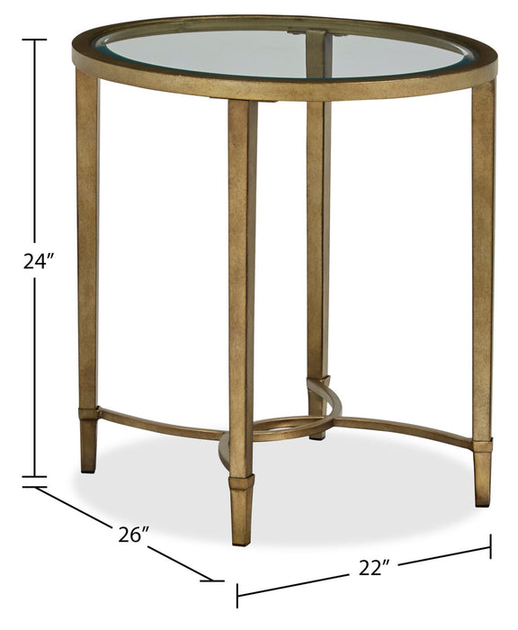 Table de bout ovale traditionnelle Copia de 22 po avec dessus en verre - argentée et dorée avec base en métal