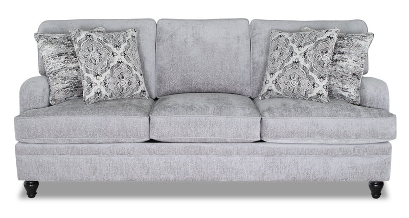 Sofa Bellmont de 89 po fabriqué au Canada en tissu de chenille avec coussins réversibles et pattes en bois - gris platine