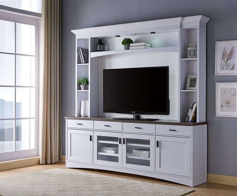 Meuble audio-vidéo mural Emry 3 pièces de 87.5 po avec rangement et système de gestion des câbles pour téléviseurs jusqu’à 90 po - blanc