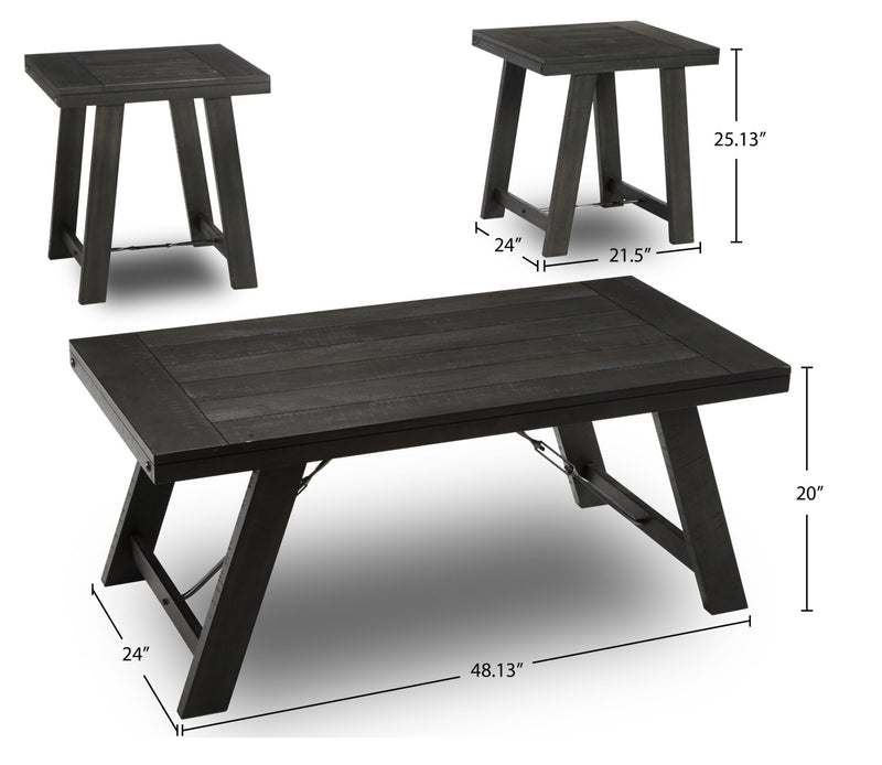 Ensemble 3 tables rustiques Norbrook de 48,13 po (table à café et 2 tables de bout) - bois noir vieilli
