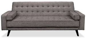 Futon Avery de 81,5 po en tissu d’apparence lin avec mécanisme Klik Klak, capitonnage et deux accoudoirs coussinés - gris