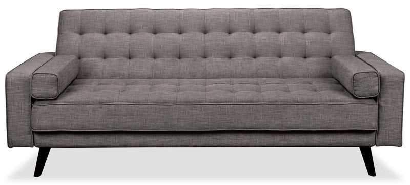 Futon Avery de 81,5 po en tissu d’apparence lin avec mécanisme Klik Klak, capitonnage et deux accoudoirs coussinés - gris
