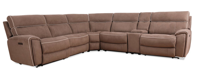 Sofa sectionnel à inclinaison électrique Newport de Cindy Crawford Home 6 pièces en suédine avec console de rangement et port USB - taupe