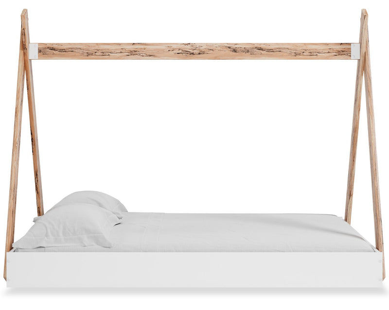 Lit plateforme Wolf en forme de tente pour enfants, deux teintes, blanc et naturel - format lit double