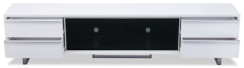 Meuble pour téléviseur moderne Amelia de 89 po x 15.5 po avec rangement et système de gestion des câbles pour téléviseurs jusqu’à 100 po - deux teintes, blanc et noir