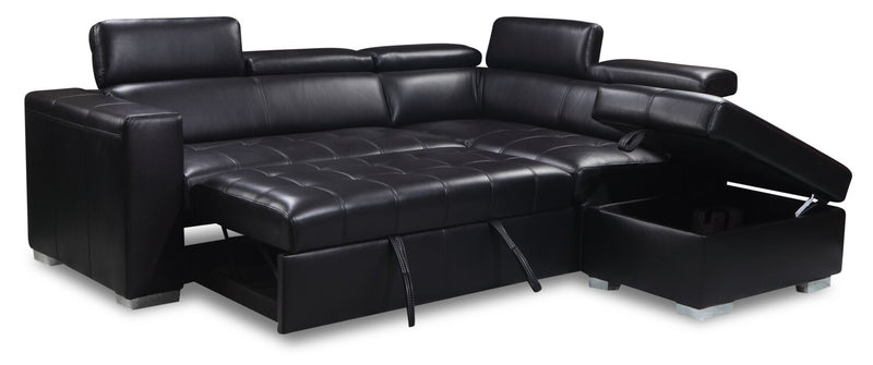 Sofa-lit sectionnel de droite Drake 3 pièces en tissu d’apparence cuir avec pouf de rangement - noir
