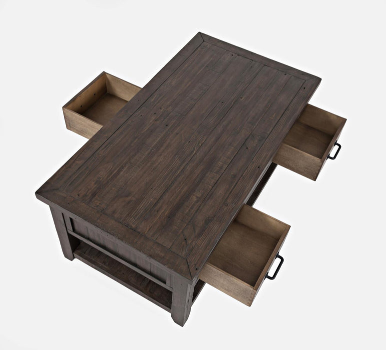Table à café rustique Morgan de 48 po avec rangement, tablette et roulettes - brun foncé avec bois recyclé