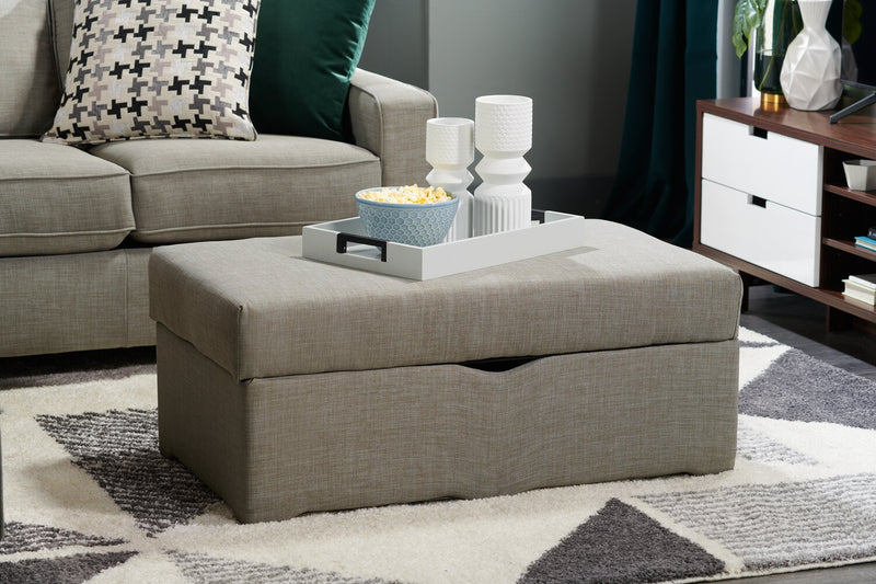 Pouf de rangement Sawyer de 40 po fabriqué au Canada en tissu d’apparence lin - gris clair