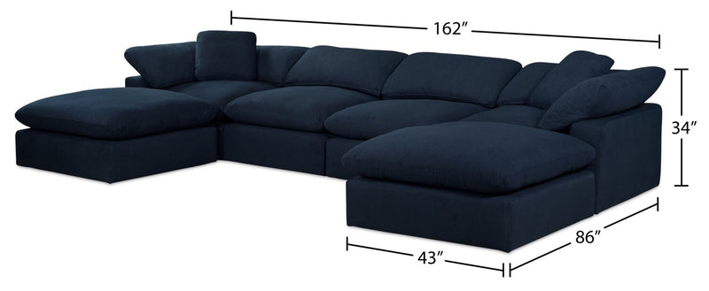 Sofa sectionnel modulaire Eclipse 6 pièces en tissu d’apparence lin avec poufs et coussins réversibles en duvet et plumes - bleu marine