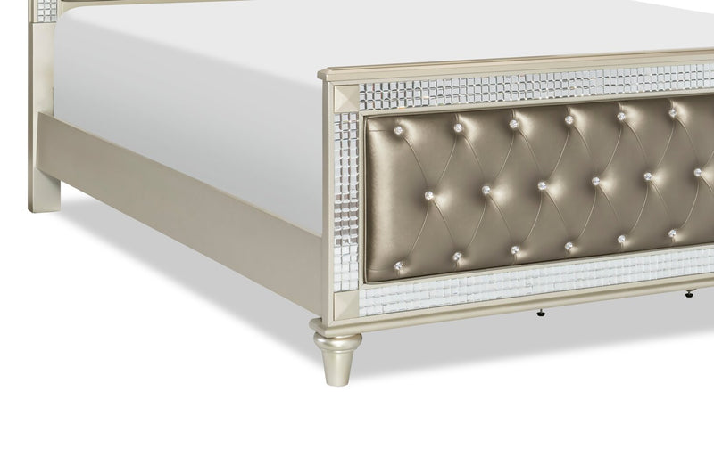 Lit à panneau Tyra somptueux en cuir végétalien avec tête de lit, cadre de lit et capitonnage à boutons, champagne - format grand lit