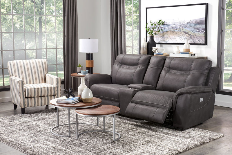 Causeuse à inclinaison électrique Floy de 99 po en suédine avec appuie-têtes électriques, console de rangement et ports USB - grise