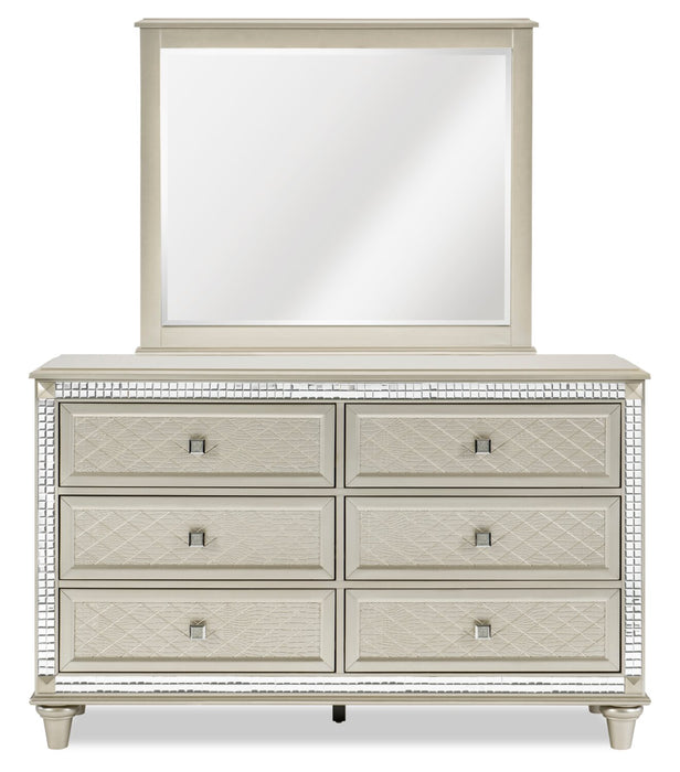 Ensemble de chambre à coucher Tyra 5 pièces somptueux en cuir végétalien avec lit, commode et miroir, champagne - format très grand lit