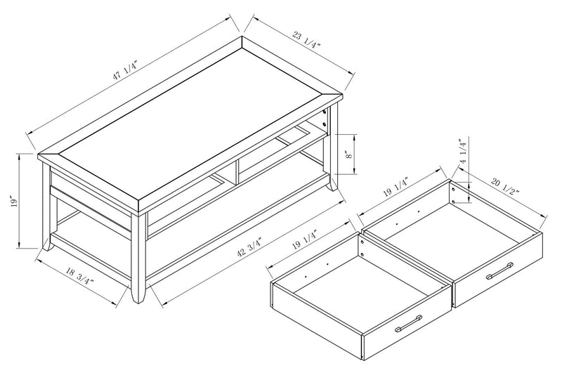 Table à café traditionnelle Logan de Kort & Co. de 23,25 po avec rangement et tablette - blanche et chêne noyer 
