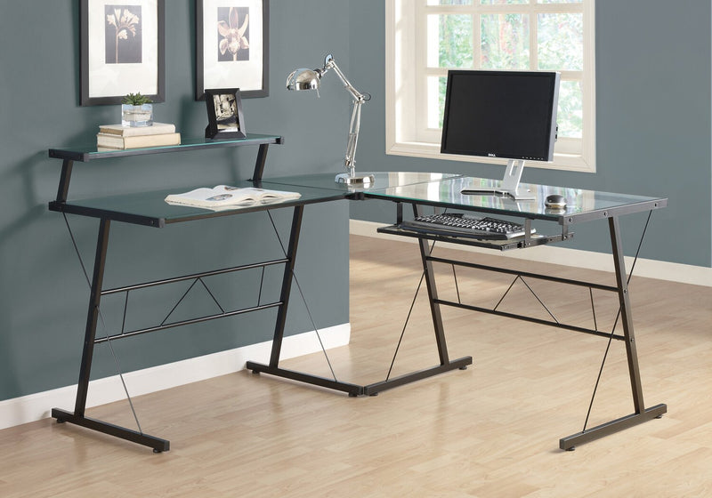 Bureau en forme de L Elias de 57 po en verre - armature noire