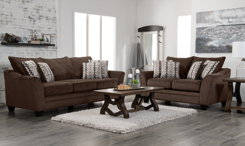 Grand sofa-lit Febe de 100 po fabriqué au Canada en tissu de chenille avec accoudoirs évasés et coussins décoratifs - brun