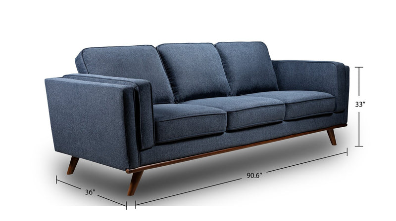 Sofa Kassia de Kort & Co. de 90,6 po en tissu d’apparence lin avec base et pattes en bois - bleu