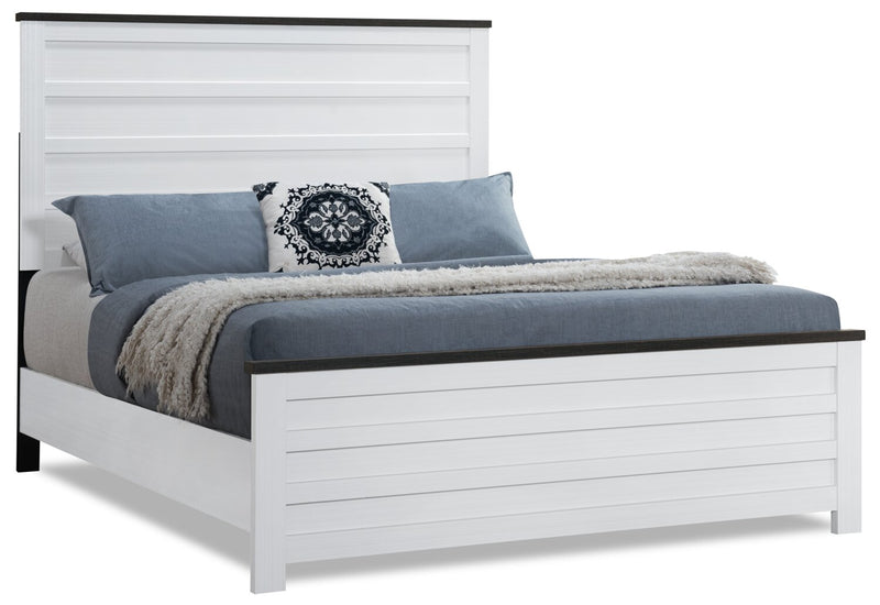 Ensemble de chambre à coucher Zoey 5 pièces avec lit, commode et miroir, deux teintes, blanc et brun - format grand lit