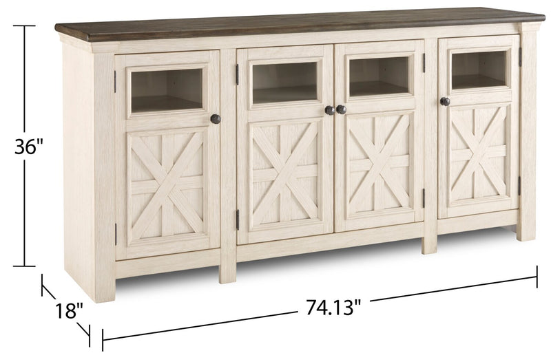 Meuble pour téléviseur rustique Bolanburg de 75 po avec rangement et système de gestion des câbles pour téléviseurs jusqu’à 85 po - blanc antique 