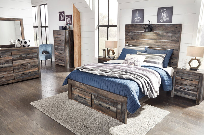 Ensemble de chambre à coucher Abby 5 pièces avec lit de rangement, commode, miroir, lumière DEL et port USB, brun - format lit double