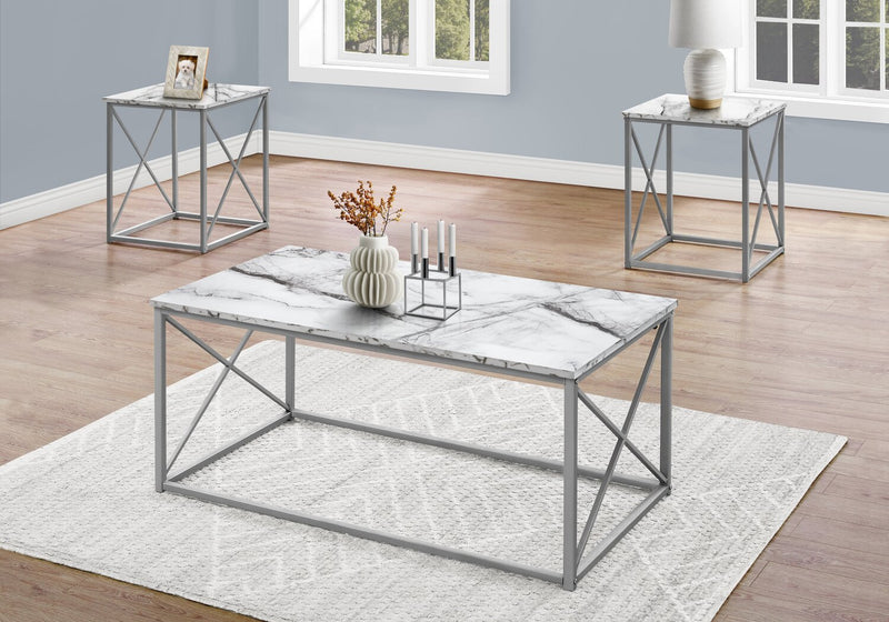Ensemble 3 tables modernes Kasey de 42,25 po (table à café et 2 tables de bout) - imitation de marbre blanc avec base en métal gris