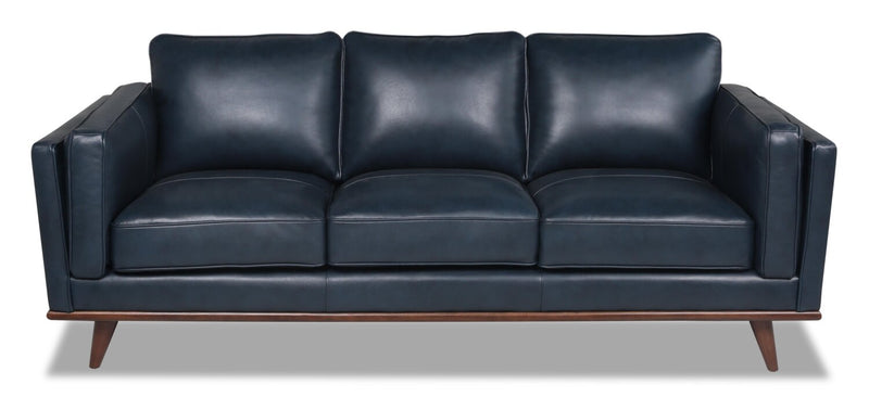 Sofa Vivia de 86 po en cuir véritable avec coussins de siège amovibles et pattes en bois - bleu marine