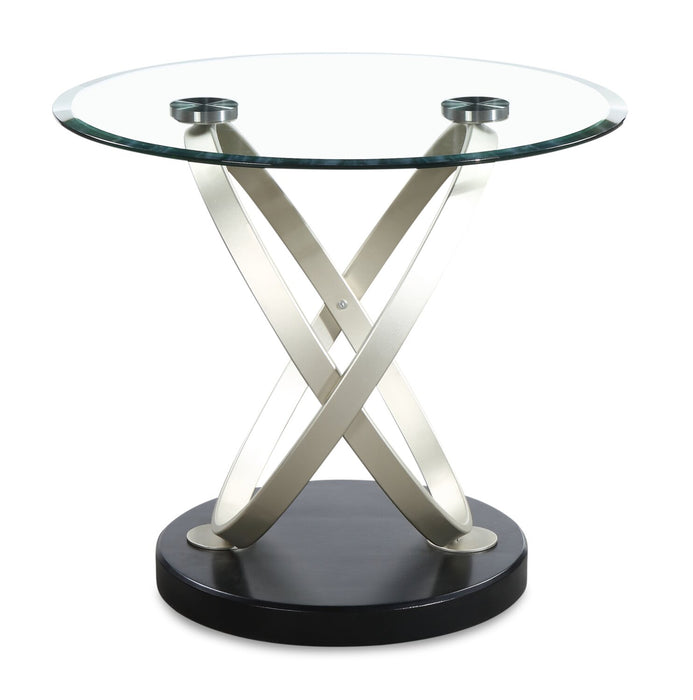 Table de bout ronde moderne Vikki de 26 po avec dessus en verre - verre avec base en métal
