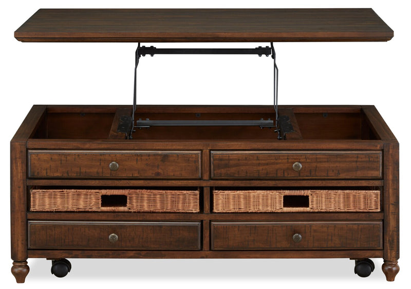 Table à café rustique Cottage Lane de 50 po avec dessus relevable et rangement - bois brun foncé