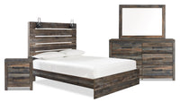 Ensemble de chambre à coucher Abby 6 pièces avec lit à panneau, commode, miroir, table de nuit, lumière DEL et port USB, brun - format grand lit