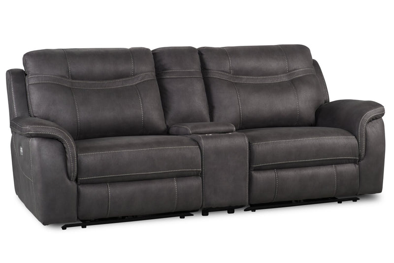 Causeuse à inclinaison électrique Floy de 99 po en suédine avec appuie-têtes électriques, console de rangement et ports USB - grise