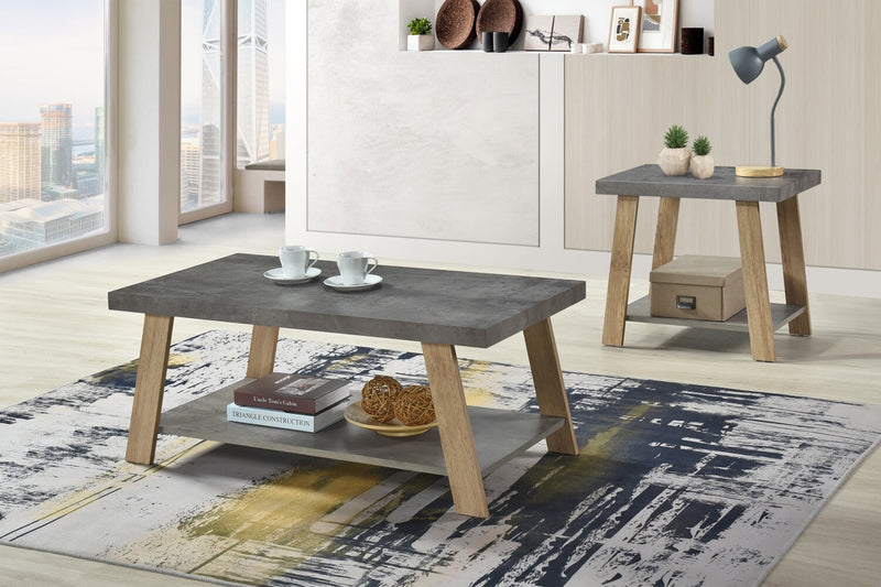 Table à café moderne Kelly de 43,3 po avec tablette - dessus en pierre grise avec pattes en bois clair