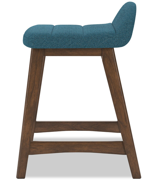 Tabouret Jovi de hauteur comptoir en tissu d’apparence lin et en bois - bleu