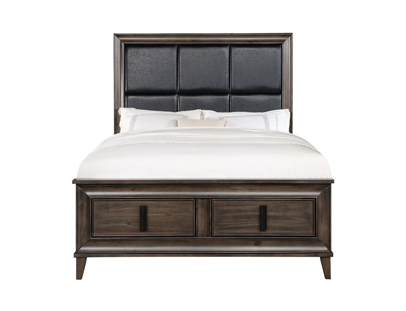 Ensemble de chambre à coucher Kane 5 pièces en cuir végétalien avec lit de rangement, commode et miroir, brun - format grand lit