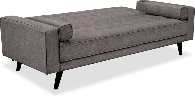 Futon Avery de 81,5 po en tissu d’apparence lin avec mécanisme Klik Klak, capitonnage et deux accoudoirs coussinés - gris