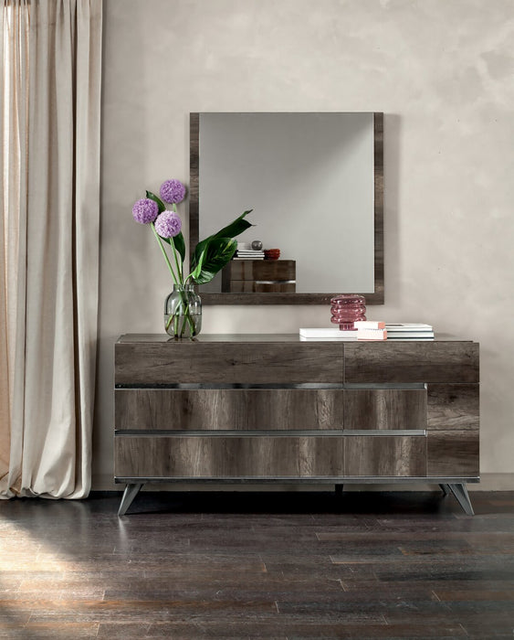 Ensemble de chambre à coucher Gino 5 pièces avec lit à panneaux, commode et miroir - fabriqué en Italie, moderne, brun - format très grand lit